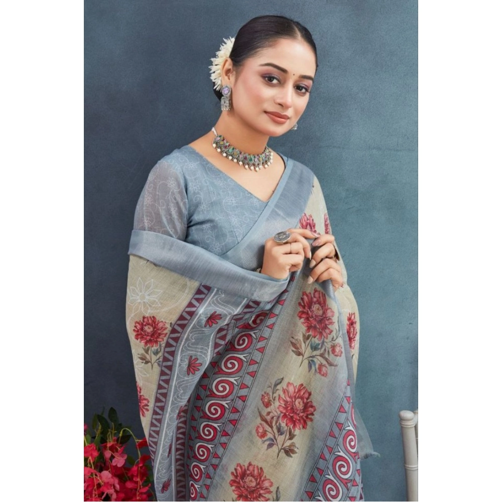 Generic Women's Linen Floral Printed Saree With Unstitched Blouse 5.5Mtr (Beige) Generic Women's Linen Floral Printed Saree With Unstitched Blouse 5.5Mtr (Beige)