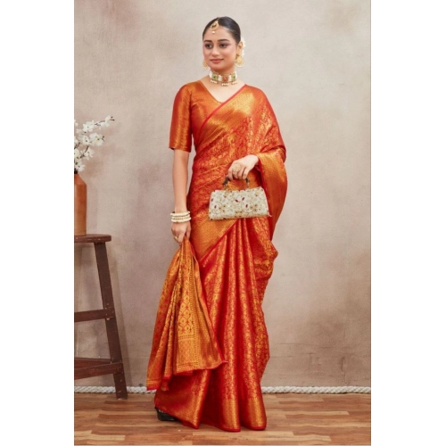 Women's Silk Blend Floral Printed Saree With Unstitched Blouse 5.5Mtr (Red)