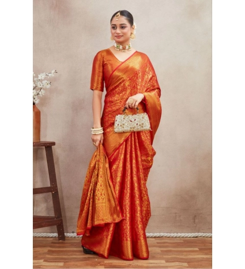 Generic Women's Silk Blend Floral Printed Saree With Unstitched Blouse 5.5Mtr (Red)