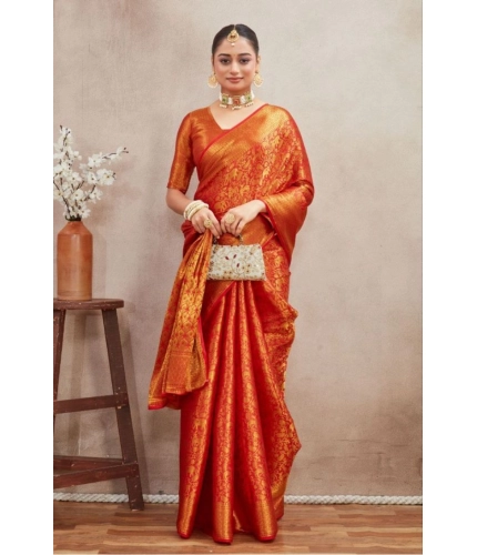 Generic Women's Silk Blend Floral Printed Saree With Unstitched Blouse 5.5Mtr (Red)