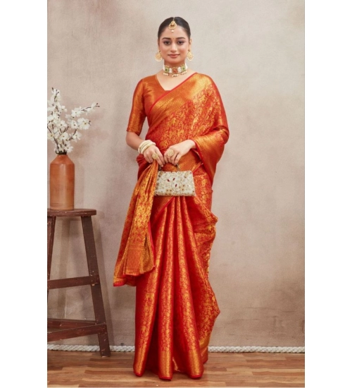 Generic Women's Silk Blend Floral Printed Saree With Unstitched Blouse 5.5Mtr (Red)