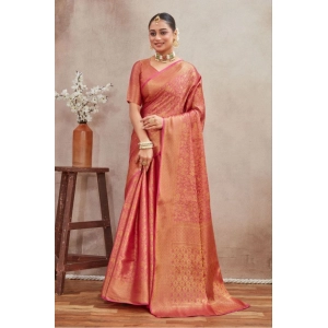 Generic Women's Silk Blend Floral Printed Saree With Unstitched Blouse 5.5Mtr (Peach)