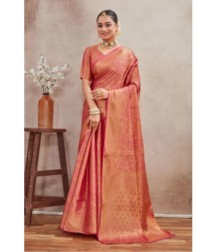 Generic Women's Silk Blend Floral Printed Saree With Unstitched Blouse 5.5Mtr (Peach)