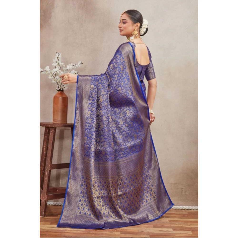 Generic Women's Silk Blend Floral Printed Saree With Unstitched Blouse 5.5Mtr (Royal Blue)