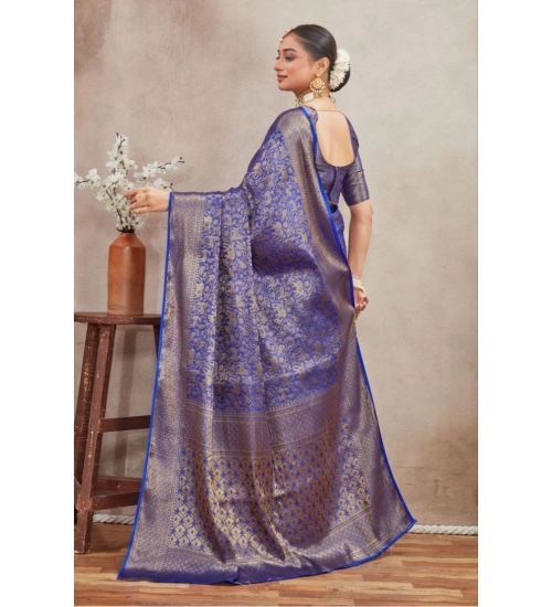 Generic Women's Silk Blend Floral Printed Saree With Unstitched Blouse 5.5Mtr (Royal Blue)