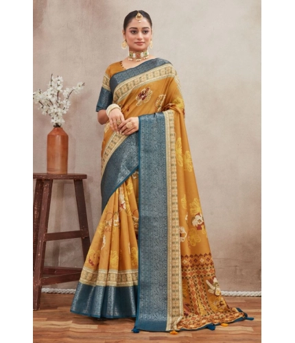 Generic Women's Crepe Silk Printed Saree With Unstitched Blouse 5.5Mtr (Mustard)