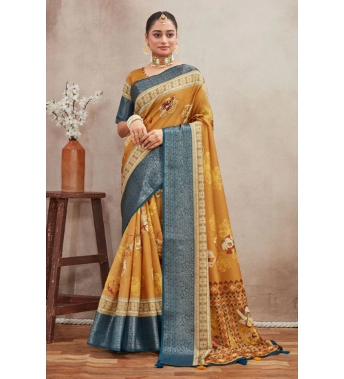 Generic Women's Crepe Silk Printed Saree With Unstitched Blouse 5.5Mtr (Mustard)