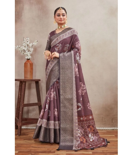 Generic Women's Crepe Silk Printed Saree With Unstitched Blouse 5.5Mtr (purple)