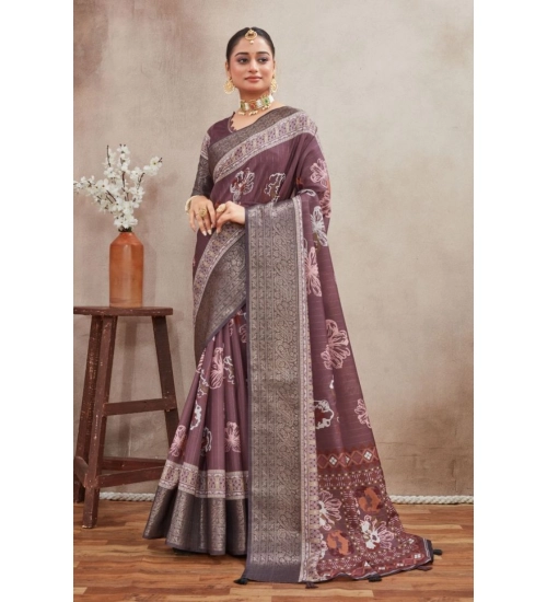 Generic Women's Crepe Silk Printed Saree With Unstitched Blouse 5.5Mtr (purple)