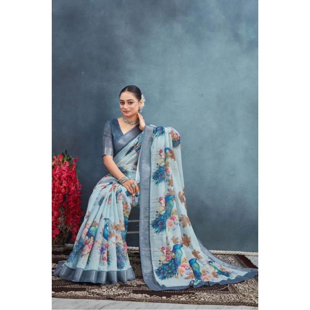 Generic Women's Linen Floral Printed Saree With Unstitched Blouse 5.5Mtr (Grey) Generic Women's Linen Floral Printed Saree With Unstitched Blouse 5.5Mtr (Grey)