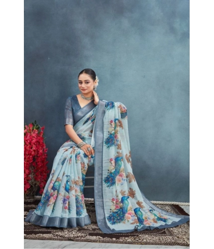 Generic Women's Linen Floral Printed Saree With Unstitched Blouse 5.5Mtr (Grey) Generic Women's Linen Floral Printed Saree With Unstitched Blouse 5.5Mtr (Grey)