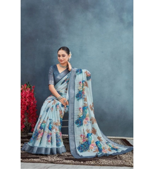 Generic Women's Linen Floral Printed Saree With Unstitched Blouse 5.5Mtr (Grey)