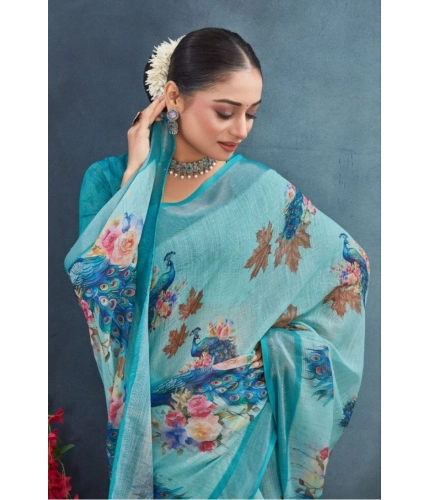 Generic Women's Linen Floral Printed Saree With Unstitched Blouse 5.5Mtr (Aqua) Generic Women's Linen Floral Printed Saree With Unstitched Blouse 5.5Mtr (Aqua)