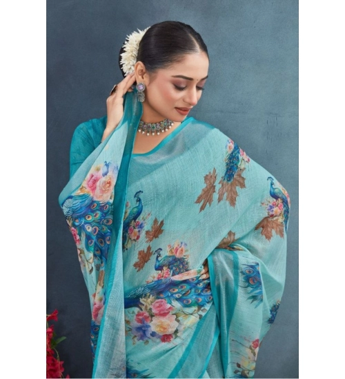 Generic Women's Linen Floral Printed Saree With Unstitched Blouse 5.5Mtr (Aqua)