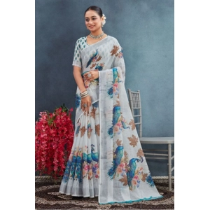 Generic Women's Linen Floral Printed Saree With Unstitched Blouse 5.5Mtr (Off-White)
