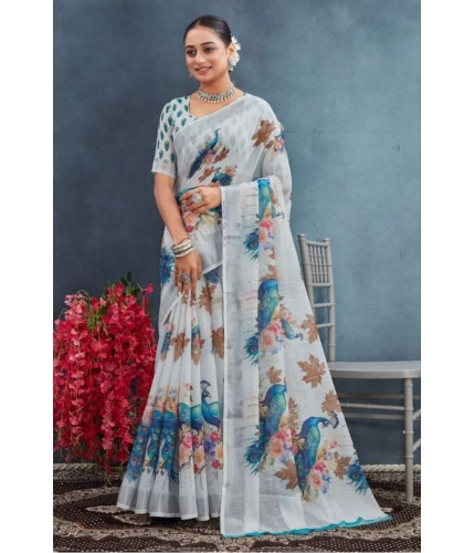 Generic Women's Linen Floral Printed Saree With Unstitched Blouse 5.5Mtr (Off-White)
