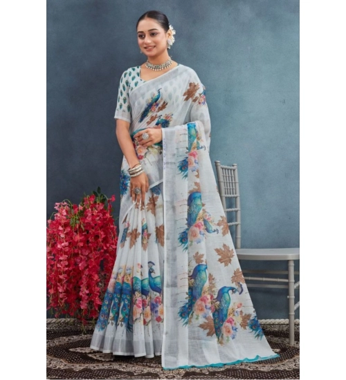 Generic Women's Linen Floral Printed Saree With Unstitched Blouse 5.5Mtr (Off-White)