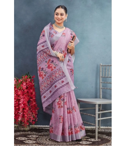Generic Women's Linen Floral Printed Saree With Unstitched Blouse 5.5Mtr (Purple) Generic Women's Linen Floral Printed Saree With Unstitched Blouse 5.5Mtr (Purple)