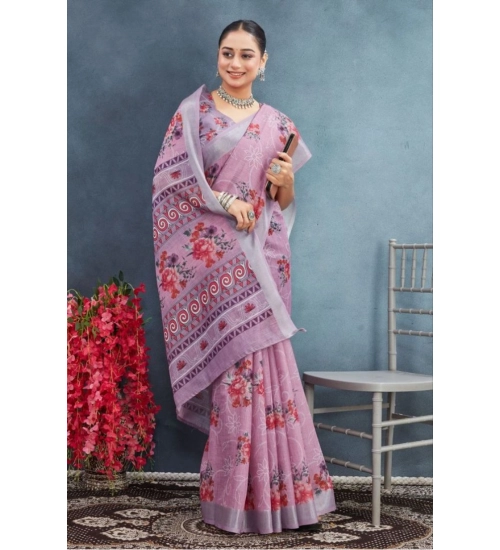 Generic Women's Linen Floral Printed Saree With Unstitched Blouse 5.5Mtr (Purple)