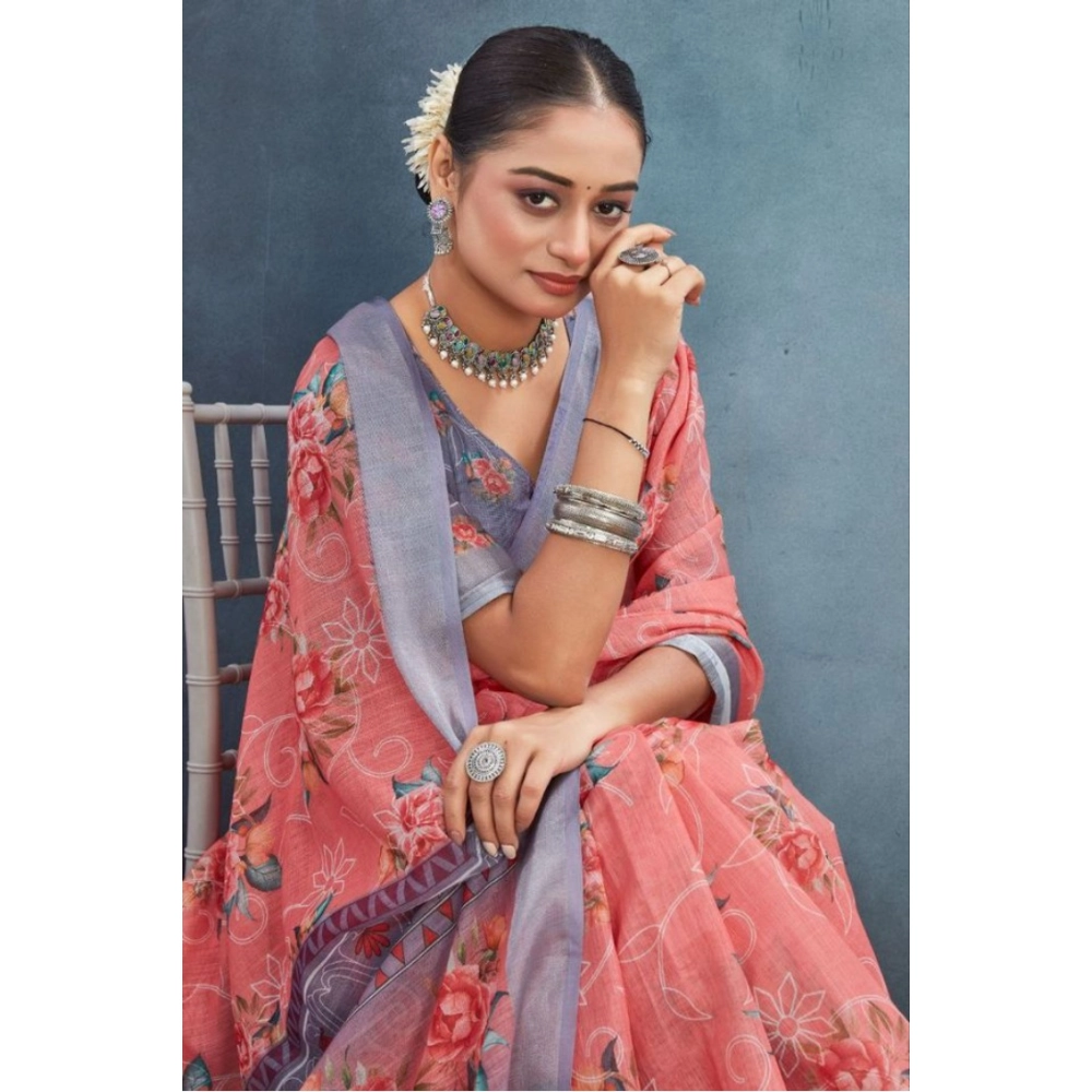 Generic Women's Linen Floral Printed Saree With Unstitched Blouse 5.5Mtr (Peach) Generic Women's Linen Floral Printed Saree With Unstitched Blouse 5.5Mtr (Peach)