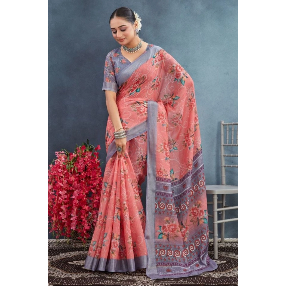 Generic Women's Linen Floral Printed Saree With Unstitched Blouse 5.5Mtr (Peach) Generic Women's Linen Floral Printed Saree With Unstitched Blouse 5.5Mtr (Peach)