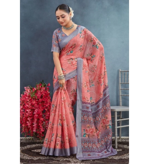 Generic Women's Linen Floral Printed Saree With Unstitched Blouse 5.5Mtr (Peach)