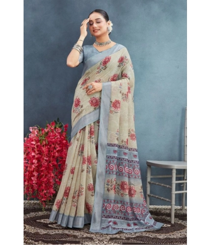 Generic Women's Linen Floral Printed Saree With Unstitched Blouse 5.5Mtr (Beige)