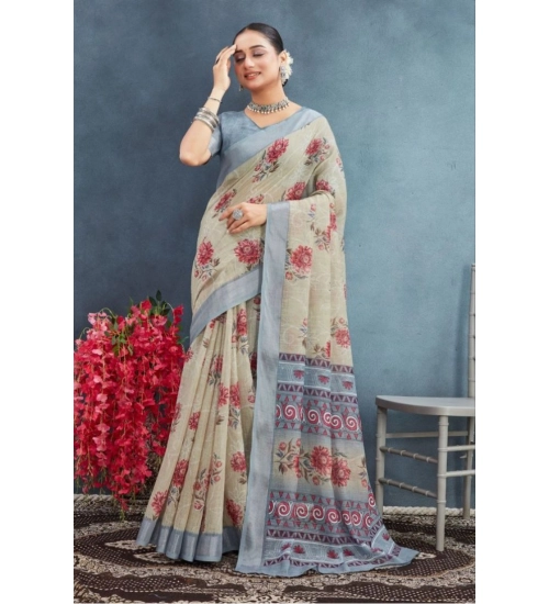 Generic Women's Linen Floral Printed Saree With Unstitched Blouse 5.5Mtr (Beige)
