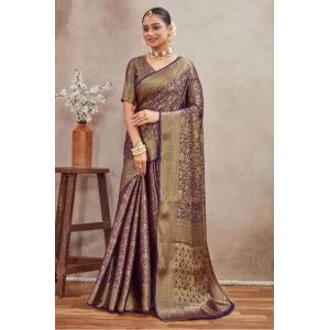 Generic Women's Silk Blend Floral Printed Saree With Unstitched Blouse 5.5Mtr (Navy Blue)