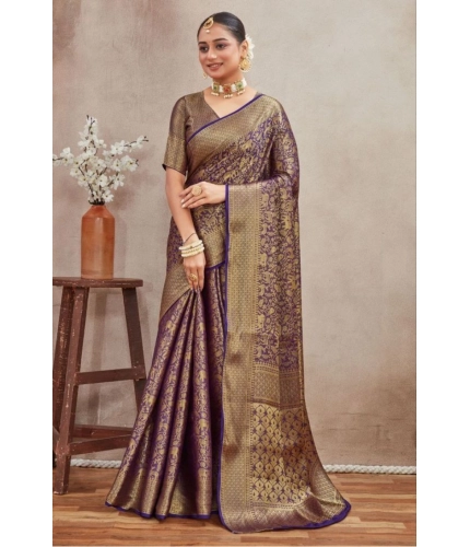 Generic Women's Silk Blend Floral Printed Saree With Unstitched Blouse 5.5Mtr (Navy Blue)