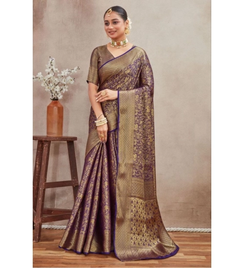 Generic Women's Silk Blend Floral Printed Saree With Unstitched Blouse 5.5Mtr (Navy Blue)
