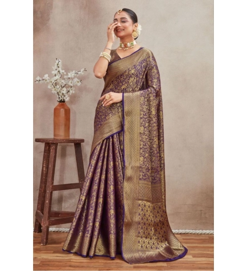 Generic Women's Silk Blend Floral Printed Saree With Unstitched Blouse 5.5Mtr (Navy Blue)