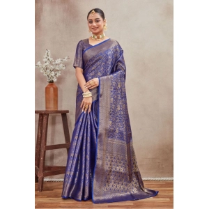 Generic Women's Silk Blend Floral Printed Saree With Unstitched Blouse 5.5Mtr (Royal Blue)