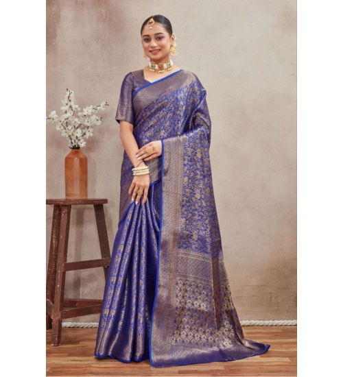 Generic Women's Silk Blend Floral Printed Saree With Unstitched Blouse 5.5Mtr (Royal Blue)