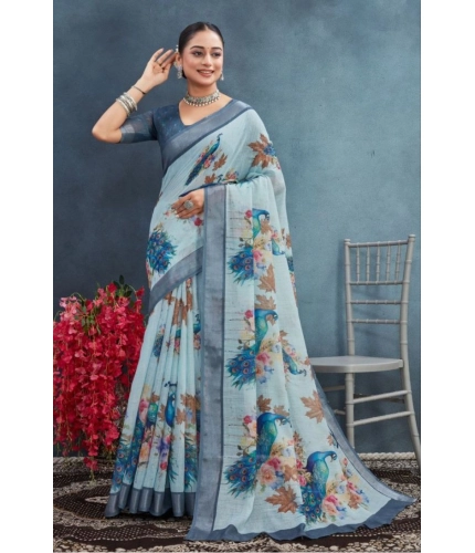 Generic Women's Linen Floral Printed Saree With Unstitched Blouse 5.5Mtr (Grey)