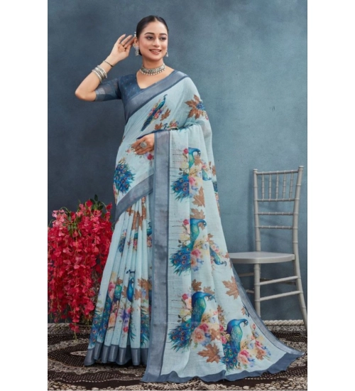 Generic Women's Linen Floral Printed Saree With Unstitched Blouse 5.5Mtr (Grey)