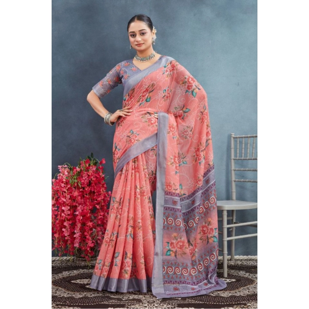 Generic Women's Linen Floral Printed Saree With Unstitched Blouse 5.5Mtr (Peach) Generic Women's Linen Floral Printed Saree With Unstitched Blouse 5.5Mtr (Peach)