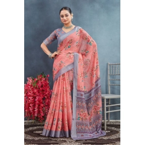 Generic Women's Linen Floral Printed Saree With Unstitched Blouse 5.5Mtr (Peach)