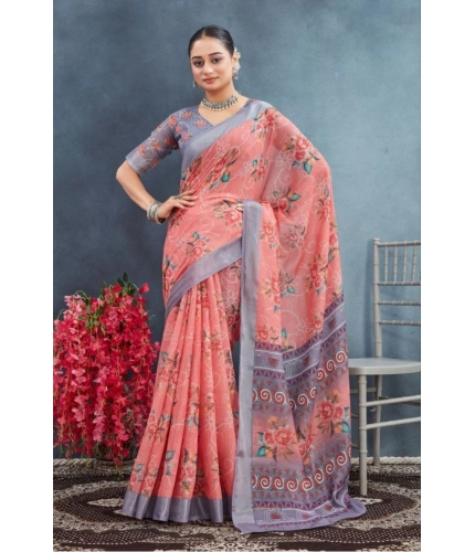 Generic Women's Linen Floral Printed Saree With Unstitched Blouse 5.5Mtr (Peach)