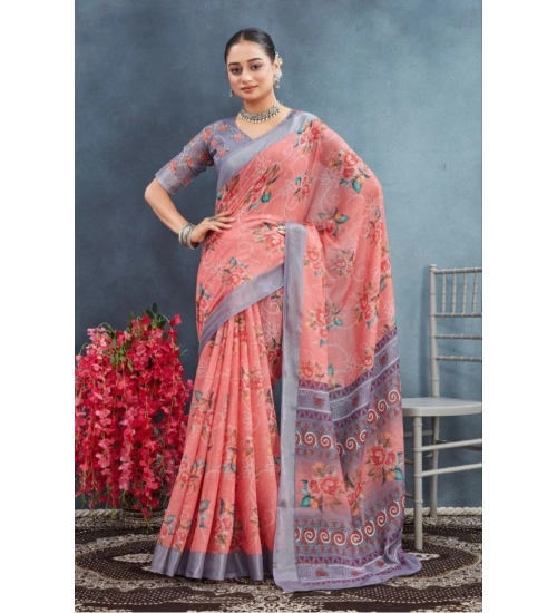 Generic Women's Linen Floral Printed Saree With Unstitched Blouse 5.5Mtr (Peach)