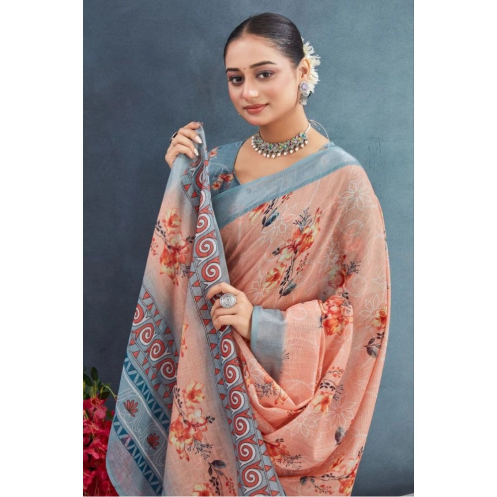 Generic Women's Linen Floral Printed Saree With Unstitched Blouse 5.5Mtr (Orange)
