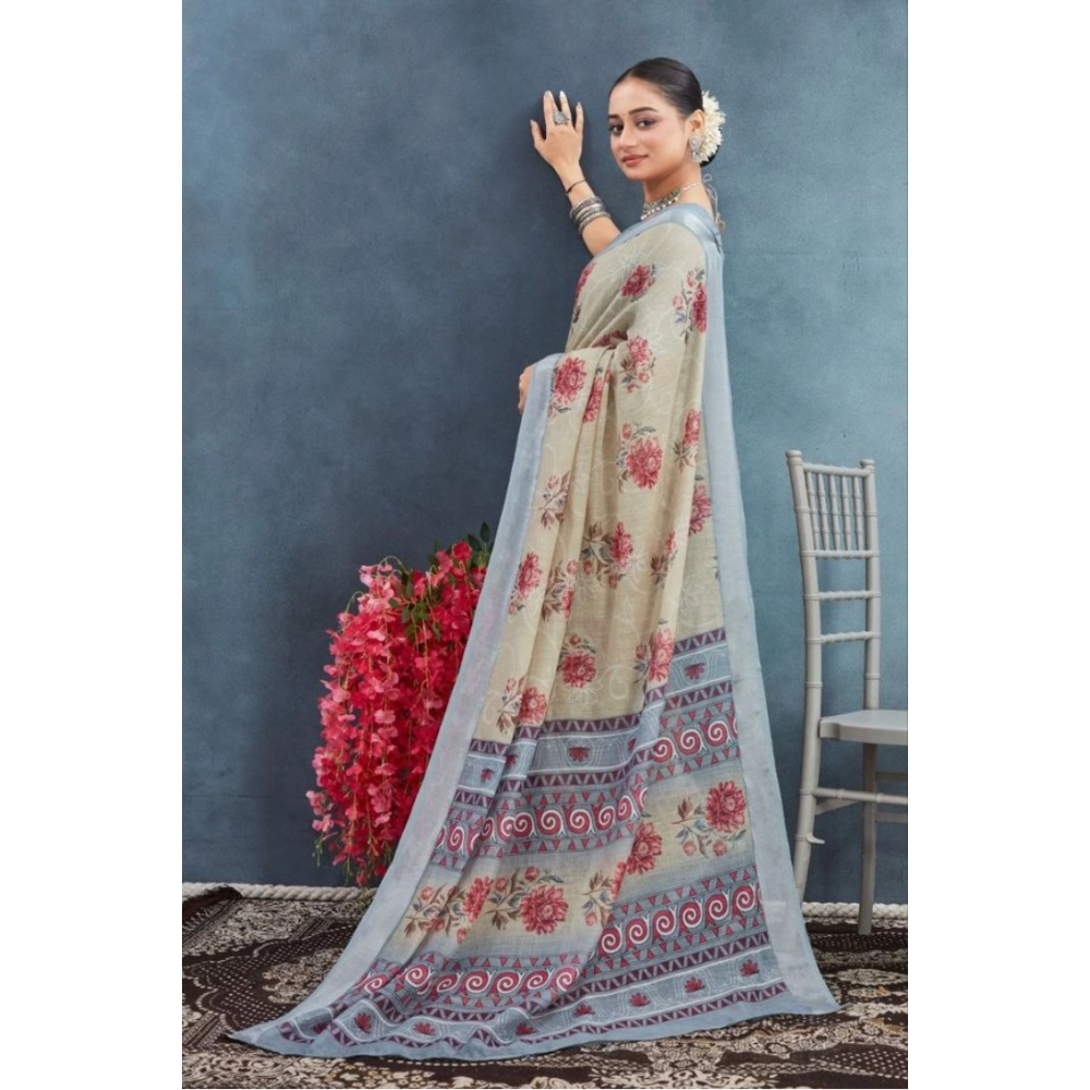 Generic Women's Linen Floral Printed Saree With Unstitched Blouse 5.5Mtr (Beige) Generic Women's Linen Floral Printed Saree With Unstitched Blouse 5.5Mtr (Beige)