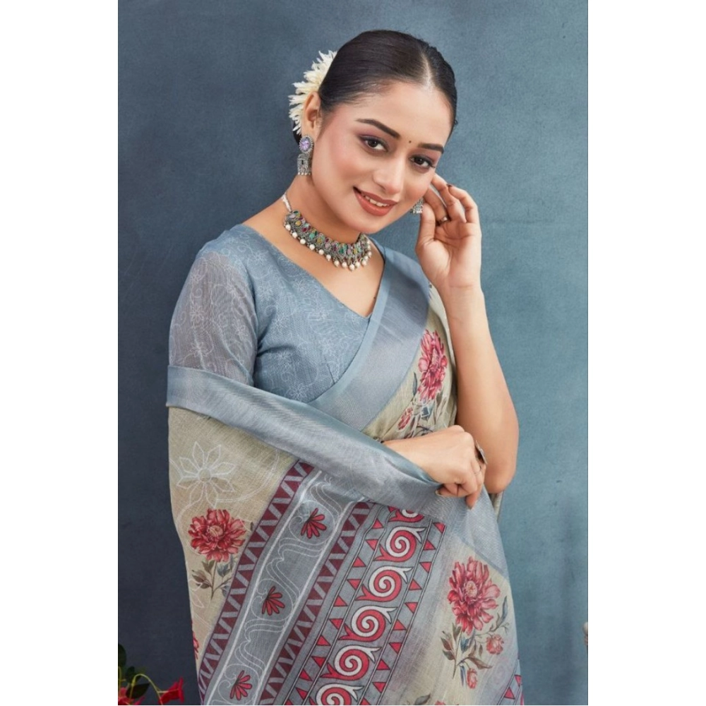 Generic Women's Linen Floral Printed Saree With Unstitched Blouse 5.5Mtr (Beige) Generic Women's Linen Floral Printed Saree With Unstitched Blouse 5.5Mtr (Beige)