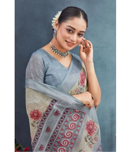 Generic Women's Linen Floral Printed Saree With Unstitched Blouse 5.5Mtr (Beige) Generic Women's Linen Floral Printed Saree With Unstitched Blouse 5.5Mtr (Beige)