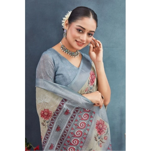 Women's Linen Floral Printed Saree With Unstitched Blouse 5.5Mtr (Beige)