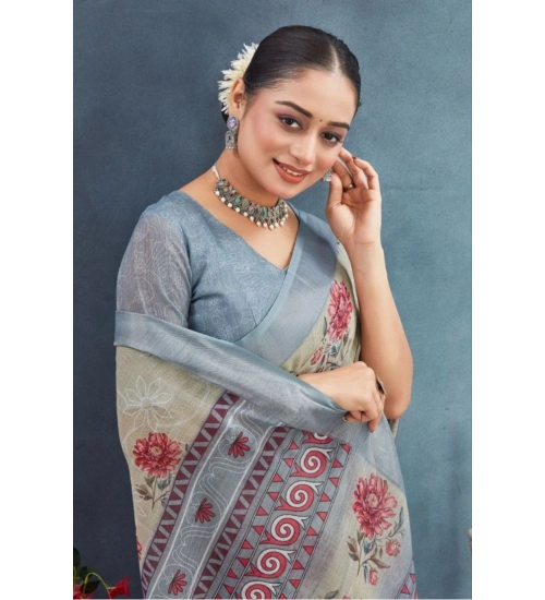Generic Women's Linen Floral Printed Saree With Unstitched Blouse 5.5Mtr (Beige)