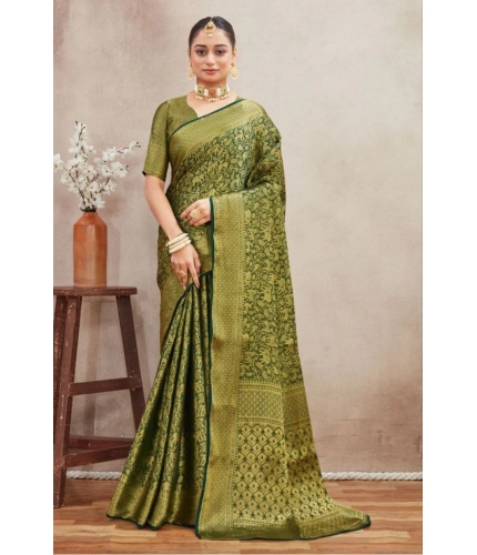 Generic Women's Silk Blend Floral Printed Saree With Unstitched Blouse 5.5Mtr (Green)