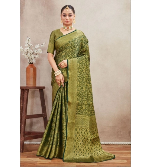 Generic Women's Silk Blend Floral Printed Saree With Unstitched Blouse 5.5Mtr (Green)