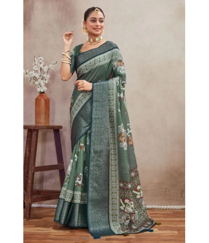 Generic Women's Crepe Silk Printed Saree With Unstitched Blouse 5.5Mtr (Green)