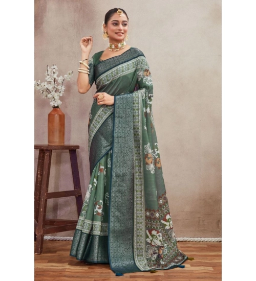 Generic Women's Crepe Silk Printed Saree With Unstitched Blouse 5.5Mtr (Green)
